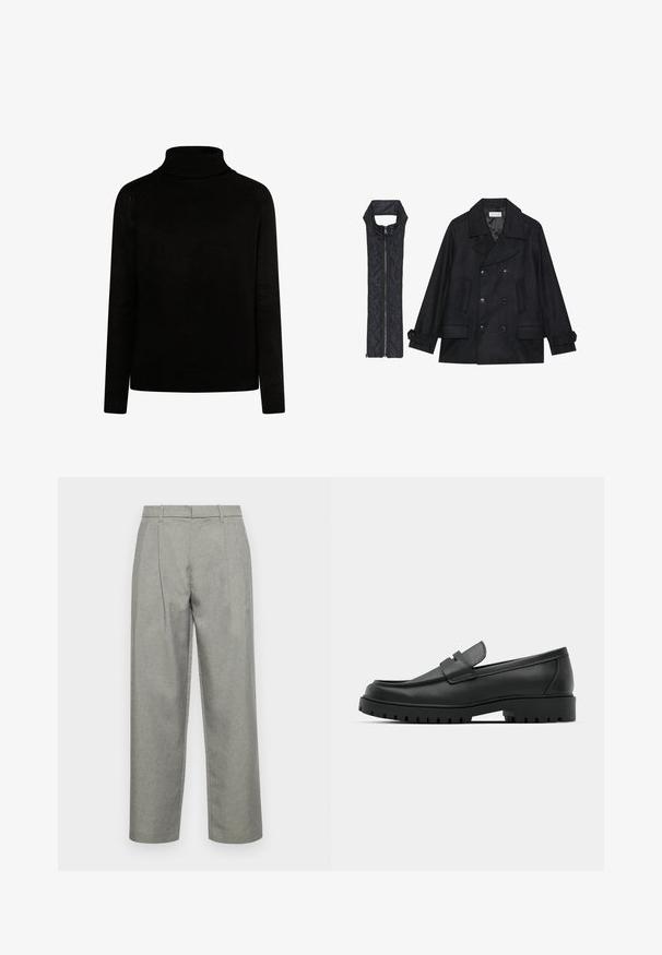 Juodas vilnonis pikoatė su dvigubais mygtukais ir dideliu apykakle, derinamas su juodu be rankovių pūkine liemene su užtrauktuku.; Juodas megztinis su aukštu kaklu, raštuotu audiniu, ilgomis rankovėmis ir prigludusia siluetu. Sukurtas su mezgimo detalėmis prie apykaklės ir rankogalių.; Pilkos pritaikytos kelnės, pagamintos iš tekstūruoto audinio, su tiesiais keliamos dizainu, priekinėmis klostėmis ir standartiniu juosmeniu su diržo kilpomis.; Juodi odiniai loaferiai su apvalia nosimi, su siuvinėtu dizainu, žemu platformos padu ir tekstūruotu, sukibimo raštu padu.