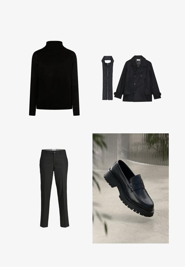 Black woolen peacoat with double-breasted buttons and large collar, paired with a sleeveless black quilted vest featuring a zip closure.; Black turtleneck sweater in a ribbed texture, with long sleeves and a fitted silhouette. Features knit detailing at the collar and cuffs.; Black trousers, tailored fit, smooth fabric, mid-rise waist, front button closure, diagonal pockets, and crease detailing down the legs.; Black leather loafers with a chunky tread sole, featuring a decorative strap and stitching detail. Smooth texture with a polished finish.