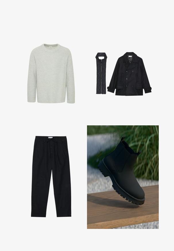 Mustast villast peacoat, millel on topelt nööbid ja suur krae, koos musta ilma varrukateta tikkimisega vestiga, millel on lukuga sulgemine.; Heled hall, ribade kudumi, ümmarguse kaelusega ja kolmanda neljandiku varrukatega, millel on tekstuuriga muster ja lõdvestunud istuvus.; Pier One Chino-püksid - black; Mustad mustasaapad siledast viimistlusest, elastsete külg-paneelidega ja paksu, robustse tallaga. Asetatud loodusliku tausta kohale puidu pinnale.