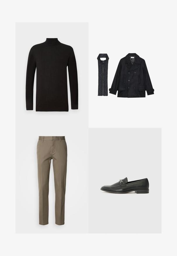 Sort uld peacoat med dobbeltradede knapper og stor krave, parret med en ærmeløs sort quiltet vest med lynlås.; Sort højhalset sweater i blødt strikket stof. Har lange ærmer og en tætsiddende pasform med ribkant på kraven og nederste kant. Minimal branding.; Lysebrune bukser i et glat stof, med lige snit, lynlås foran og minimalistiske lommer. Ingen synlige mønstre eller detaljer.; Sorte læder loafers med en glat finish, der har et syet design og et dekorativt metal kædeaccent hen over vamps. Flad hæl.