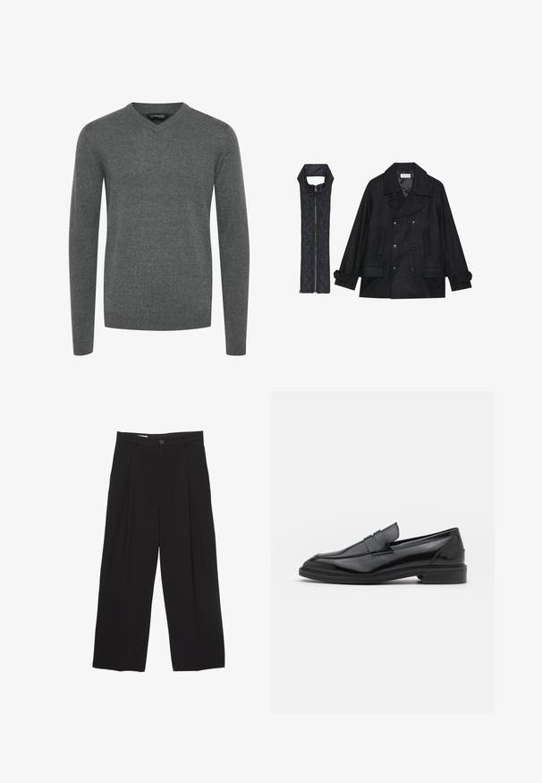 Crni vuneni kaput s dvostrukim kopčanjem i velikim ovratnikom, uparen s crnim bezrukavnim jaknom od mrežastog materijala sa zatvaračem na patent.; Siva V-izrez pulover s dugim rukavima, izrađen od glatkog pletenog materijala. Ima rebraste manžete i donji rub, minimalistički dizajn, bez uzoraka ili ukrasa.; Bjela košulja dugih rukava od pamuka s dugmadi sprijeda, koja ima klasičnu kragnu i prevelike rukave u opuštenom kroju.; Crne široke hlače od glatkog materijala, s ravnim pojasom, prednjim nabranim detaljima i zatvaranjem na jedan gumb.; Crne kožne mokasine s glatkom površinom, s okruglim vrhom i uskim pojasom preko gornjeg dijela. Nizak slojeviti potplat.