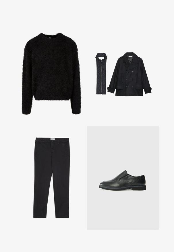 Črn volnen plašč z dvojnimi gumbi in velikim ovratnikom, v kombinaciji z brezrokavnikom iz črnega prešitega materiala z zadrgo.; Črna puhasta pulover, okrogla ovratnica, dolgi rokavi, mehak tekstur, sproščen kroj, minimalni šivi, brez vidnih zapiral ali vzorcev.; Črne bombažne hlače s slim fit krojem, z dvema stranskima žepoma in sprednjim gumbom za zapiranje. Teksturirano blago z nežnimi detajli.; Črne usnjene natikače z gladkim zgornjim delom, prišitimi detajli, zaobljenim nosom in nizkim gumijastim petkom. Podplat ima minimalen profil.