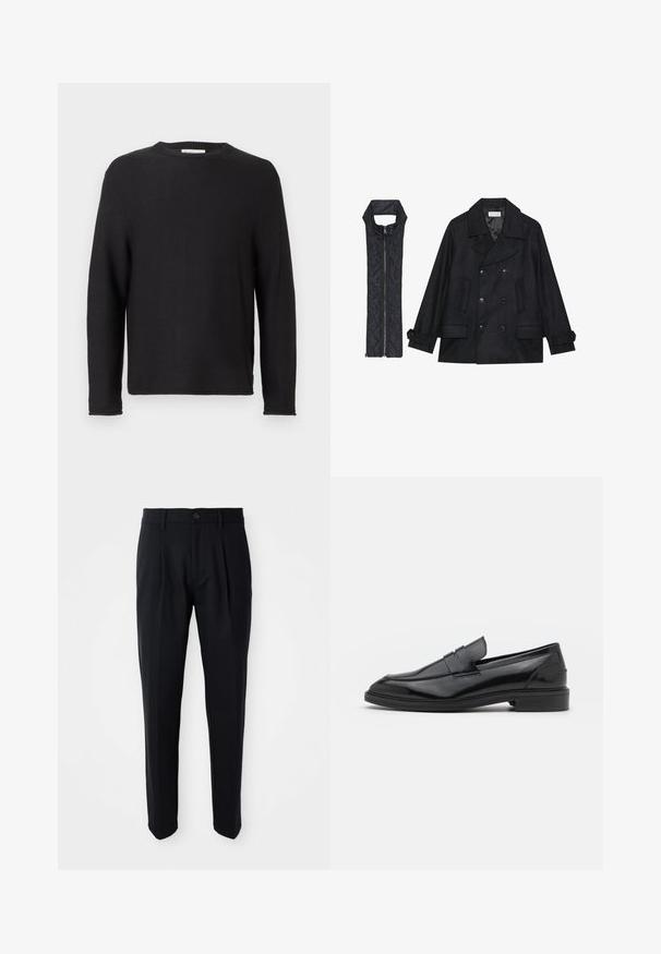 Abrigo de lana negra con botones de doble fila y gran cuello, combinado con un chaleco negro acolchado sin mangas con cierre de cremallera.; Suéter negro de punto con cuello redondo y mangas largas. Presenta una textura acanalada y dobladillos cosidos, con una etiqueta en el cuello.; Pantalones negros ajustados con pliegues frontales, cierre de botón y pasadores para cinturón, exhibidos sobre un fondo blanco.; Mocasines de cuero negro con un acabado suave, que presentan una punta redondeada y una banda estrecha en la parte superior. Tacón bajo apilado.
