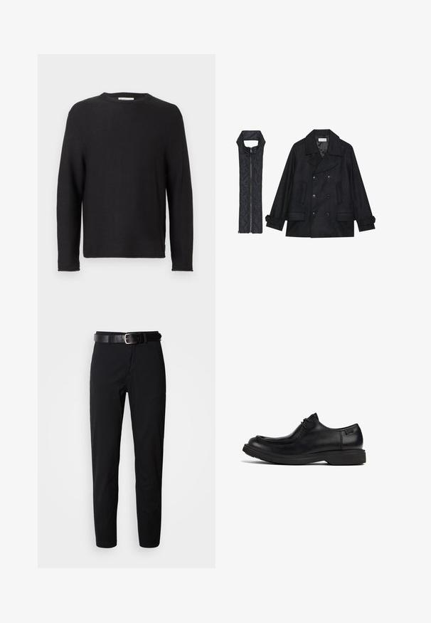 Black woolen peacoat with double-breasted buttons and large collar, paired with a sleeveless black quilted vest featuring a zip closure.; Black knitted sweater with a crew neckline and long sleeves. Features ribbed texture and stitched hems, with a label at the neckline.; Black trousers with a straight cut, featuring a smooth texture and a black leather belt with a silver buckle. Simple design, no patterns or accents.; Black leather lace-up dress shoe with thick sole and rounded toe, viewed from the side on a white background.