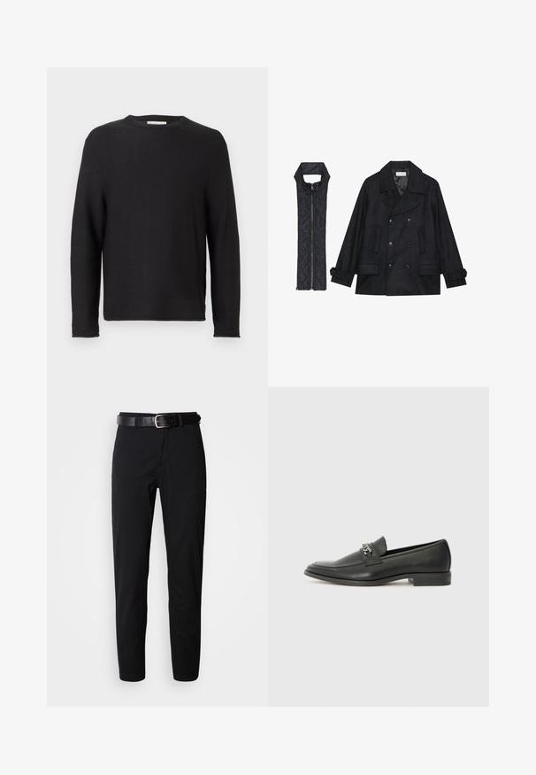 Cappotto di panno nero con bottoni doppi e colletto ampio, abbinato a un gilet senza maniche in tessuto trapuntato nero con chiusura a zip.; Maglione nero a maglia con scollatura tonda e maniche lunghe. Presenta una texture a costine e orli cuciti, con un'etichetta sulla scollatura.; Pantaloni neri a gamba dritta, con una texture morbida e una cintura in pelle nera con una fibbia argentata. Design semplice, senza motivi o accenti.; Mocassino in pelle nera con finitura liscia, caratterizzato da un design cucito e da un accento decorativo in catena metallica sul vamp. Tacco piatto.