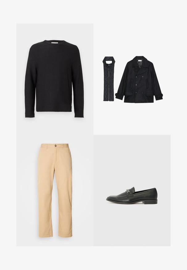 Czarna wełniana peacoat z podwójnymi guzikami i dużym kołnierzem, zestawiona z bezrękawnym czarnym pikowanym kamizelką z zamkiem błyskawicznym.; Czarny dzianinowy sweter z okrągłym dekoltem i długimi rękawami. Posiada prążkowaną teksturę i przeszyte wykończenia, z metką na dekolcie.; Khaaki bawełniane spodnie o prostym kroju, z zapięciem na guzik z przodu i szlufkami na pasek. Gładka faktura i jednolita powierzchnia.; Czarne skórzane mokasyny o gładkim wykończeniu, z haftowanym wzorem i dekoracyjnym akcentem z metalowego łańcucha na wierzchu. Płaska pięta.