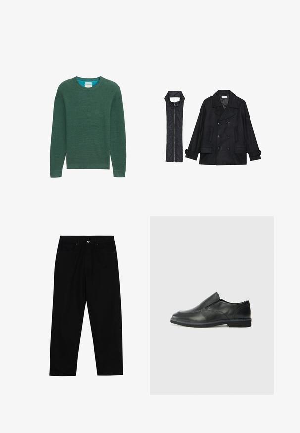 Melnā vilnas jaka ar dubulto pogu rindas un lielu apkakli, apvienota ar bez piedurknēm melnu piepūšamā vesta ar rāvējslēdzēju.; Zaļš adīts džemperis ar apaļu kakla izgriezumu, garām piedurknēm, ribota tekstūra un kontrastējošu zilu iekšējo kakla izgriezumu. Vienkāršs dizains, nav redzamu rakstu.; Melni džinsi ar taisnu kāju griezumu, piecu kabatu dizainu un priekšēju pogu aizdari. Gluda tekstūra ar minimālu šuvju detaļu skaitu.; Melnas ādas slip-on kurpes ar gludu augšdaļu, izšūtām akcentiem, noapaļotu purngala daļu un zemu gumijas papēdi. Zole ar minimālu rakstu.