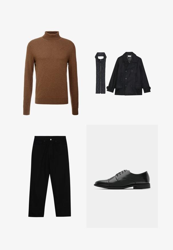 Musta villapaltto, jossa on kaksiriviset napit ja suuri kaulus, yhdistettynä olkaimettomaan mustaan toppaliiviin, joka avautuu vetoketjulla.; Ruskea pusero, jossa on korkea kaulus, pehmeää kangasta, pitkät hihat, ribbaatut hihansuut ja kapea malli ilman näkyviä kuvioita.; Mustat farkut suoraan lahkeella, viisi taskua ja etunappikiinnitys. Sileä rakenne, jossa on vain vähäisiä ompelualueita.; Musta nahkakengät, joissa on pyöristetty varvas, nauhakiinnitys, hienovaraiset ompeluyksityiskohdat ja matala korko. Sujuva pinta kiillotetulla viimeistelyllä.