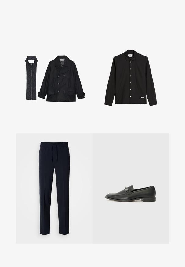 Casaco de lã preto com botões duplos e gola grande, combinado com um colete acolchoado preto sem mangas com fecho de correr.; Camisa preta de mangas longas feita de algodão. Apresenta um colarinho clássico, botões brancos na frente e uma pequena etiqueta de logo na parte inferior.; Calças leves de cor azul-marinho, com cintura elástica e cordão ajustável, apresentam um corte straight e uma textura suave.; Sapatilha de couro preta com um acabamento suave, apresentando um design cosido e um detalhe decorativo de corrente de metal atravessando o peito do pé. Salto baixo.