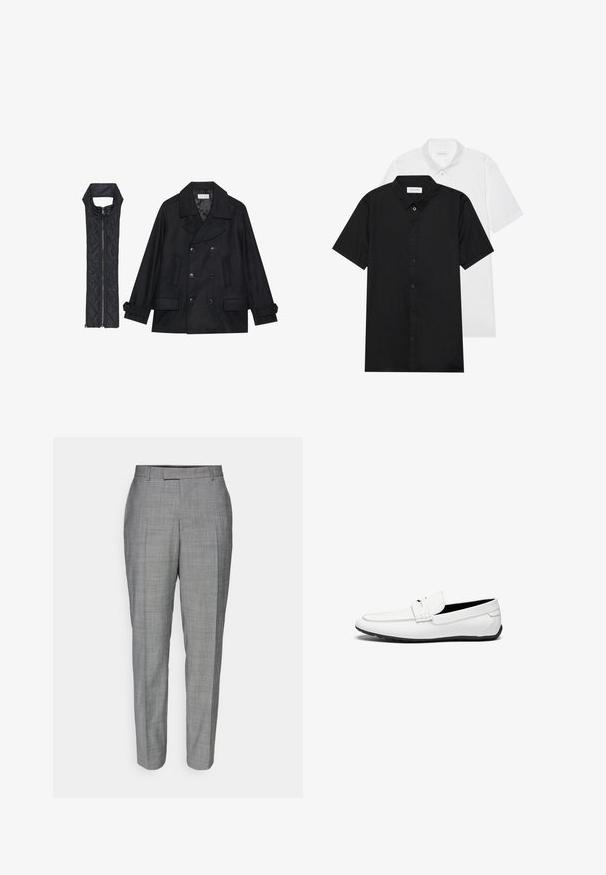 Cappotto di panno nero con bottoni doppi e colletto ampio, abbinato a un gilet senza maniche in tessuto trapuntato nero con chiusura a zip.; Due camicie a maniche corte con colletto, una nera e una bianca. Entrambe presentano una chiusura frontale con bottoni e un tessuto leggero e liscio.; Pantaloni grigi su misura con un sottile motivo a quadri, taglio dritto e una texture liscia, con frontale piatto e passanti per cintura.; Mocassini bianchi in pelle con finitura liscia, caratterizzati da un accento cucito, una punta arrotondata e una suola in gomma nera per una maggiore aderenza.