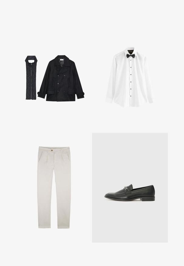 Abrigo de lana negra con botones de doble fila y gran cuello, combinado con un chaleco negro acolchado sin mangas con cierre de cremallera.; Camisa blanca de algodón, con mangas largas, una pajarita negra y botones negros en el frente.; Chinos de algodón beige con un diseño elegante, que cuentan con dos bolsillos frontales, un cierre de un solo botón y un sutil plisado en la parte delantera.; Mocasín de cuero negro con un acabado suave, que cuenta con un diseño de costura y un acento decorativo de cadena de metal en el empeine. Tacón plano.