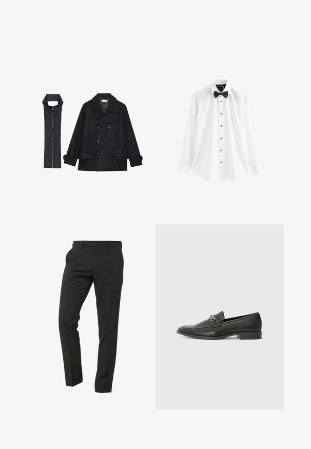 Abrigo de lana negra con botones de doble fila y gran cuello, combinado con un chaleco negro acolchado sin mangas con cierre de cremallera.; Camisa blanca de algodón, con mangas largas, una pajarita negra y botones negros en el frente.; Next Trousers - Suit Trousers Slim Fit - Pantalón de traje - mottled black; Mocasín de cuero negro con un acabado suave, que cuenta con un diseño de costura y un acento decorativo de cadena de metal en el empeine. Tacón plano.