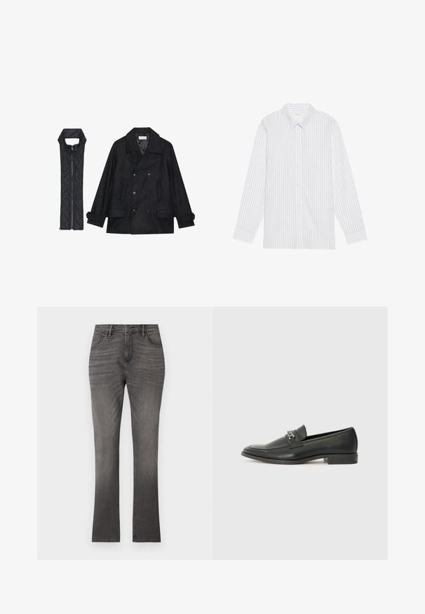 Black woolen peacoat with double-breasted buttons and large collar, paired with a sleeveless black quilted vest featuring a zip closure.; White button-up shirt with thin black vertical stripes, featuring a classic collar and long sleeves with buttoned cuffs.; Gray denim jeans with a straight-leg cut, featuring a classic five-pocket design and subtle fading. Standard button and zipper closure.; Black leather loafer with a smooth finish, featuring a stitched design and a decorative metal chain accent across the vamp. Flat heel.