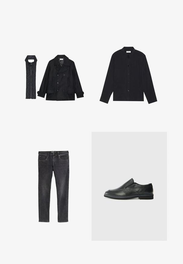 Melnā vilnas jaka ar dubulto pogu rindas un lielu apkakli, apvienota ar bez piedurknēm melnu piepūšamā vesta ar rāvējslēdzēju.; Melnas garām piedurknēm krekls ar pogu aizdari, apkakli, divām priekšējām kabatām un teksturētu auduma apdari.; Tievās melnās džinsās ar izbalējušu apdari, piecām kabatām, jostas cilpiņām un smalkām šuvju detaļām gar šuvēm.; Melnas ādas slip-on kurpes ar gludu augšdaļu, izšūtām akcentiem, noapaļotu purngala daļu un zemu gumijas papēdi. Zole ar minimālu rakstu.