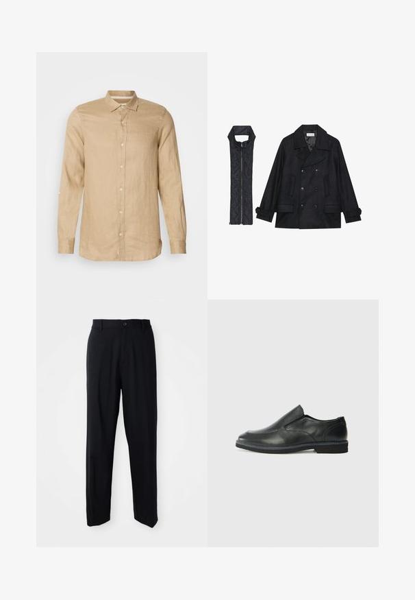 Mustast villast peacoat, millel on topelt nööbid ja suur krae, koos musta ilma varrukateta tikkimisega vestiga, millel on lukuga sulgemine.; Heled beezhi pikaažiga pikkade varrukatega särk, mis on valmistatud linast, omades nööpidega esiosa, pehmet tekstuuri ja kraed. Särgil on keeratavad varrukad.; Mustad sirged püksid, millega on kaasas vöökohad, nööbiga sulgus ja voolav, minimalistlik disain neutraalsel taustal.; Must musta laia suuga king, millel on sile ülemine osa, õmmeldud detailid, ümmargune nina ja madal kummist konts. Tallal on minimaalne mustr.