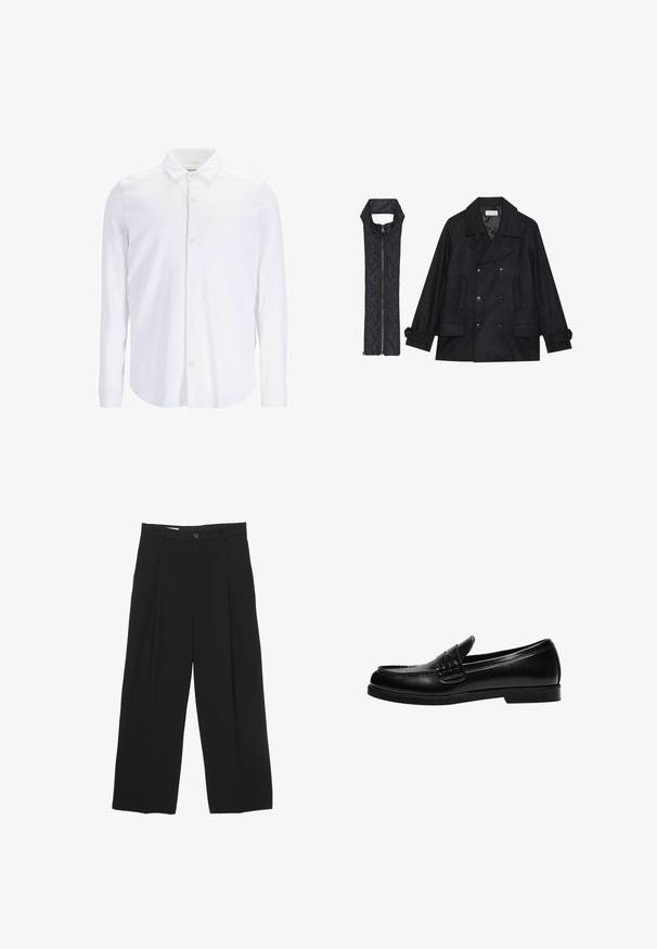 Črn volnen plašč z dvojnimi gumbi in velikim ovratnikom, v kombinaciji z brezrokavnikom iz črnega prešitega materiala z zadrgo.; Bela srajca z dolgimi rokavi in gumbi, izdelana iz gladkega blaga, z klasičnim ovratnikom, sprednjim delom z gumbi ter diskretno logotipno akcentacijo na prsih.; Črne široke hlače iz gladkega blaga, z ravnim pasom, sprednjimi povešalnimi pregibi in enim gumbom za zapiranje.; Črne usnjene loafer čevlje z gladko površino, ki imajo šivano dekoracijo na vampu in nizko, trdo črno gumijasto podplat.
