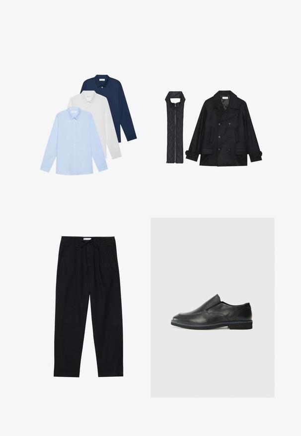 Czarna wełniana peacoat z podwójnymi guzikami i dużym kołnierzem, zestawiona z bezrękawnym czarnym pikowanym kamizelką z zamkiem błyskawicznym.; Trzy koszule z długim rękawem: jasnoniebieska, biała i granatowa. Wszystkie mają klasyczny kołnierzyk i zapięcie na guziki, wykonane z gładkiego materiału.; Pier One - Chinosy; Czarne skórzane buty wsuwane z gładką cholewką, przeszyciami, okrągłym noskiem i niskim gumowym obcasem. Podeszwa ma minimalny bieżnik.