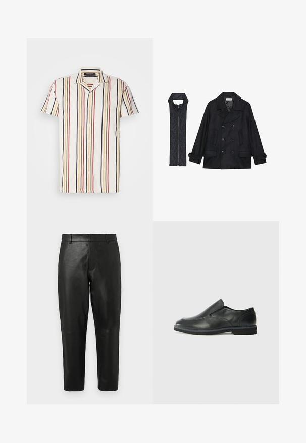 Palton de lână negru, cu închidere dublă și guler mare, asortat cu o vestă neagră, căptușită, fără mâneci, cu închidere cu fermoar.; Cămașă cu mâneci scurte, de culoare albă, cu dungi verticale roșii, galbene și bleumarin. Dispune de un guler tăiat și este realizată dintr-un material ușor.; Pantaloni drepti din piele neagră, cu bucle pentru curea și buzunare laterale, expuși pe un fundal simplu deschis.; Pantof de piele neagră, tip slip-on, cu un superior neted, accente cusute, vârf rotunjit și un toc jos din cauciuc. Talpa are un profil minim de aderență.