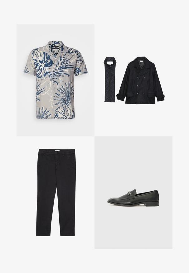 Črn volnen plašč z dvojnimi gumbi in velikim ovratnikom, v kombinaciji z brezrokavnikom iz črnega prešitega materiala z zadrgo.; Kratek rokav, gumbasta srajca iz svetlo sive tkanine, ki prikazuje modro in belo tropsko listje, z klasičnim ovratnikom in sedmimi gumbi.; Črne bombažne hlače s slim fit krojem, z dvema stranskima žepoma in sprednjim gumbom za zapiranje. Teksturirano blago z nežnimi detajli.; Črni usnjeni loafer z gladko površino, ki ima šivano zasnovo in dekorativni kovinski verižni naglas preko vampirja. Ravno peto.