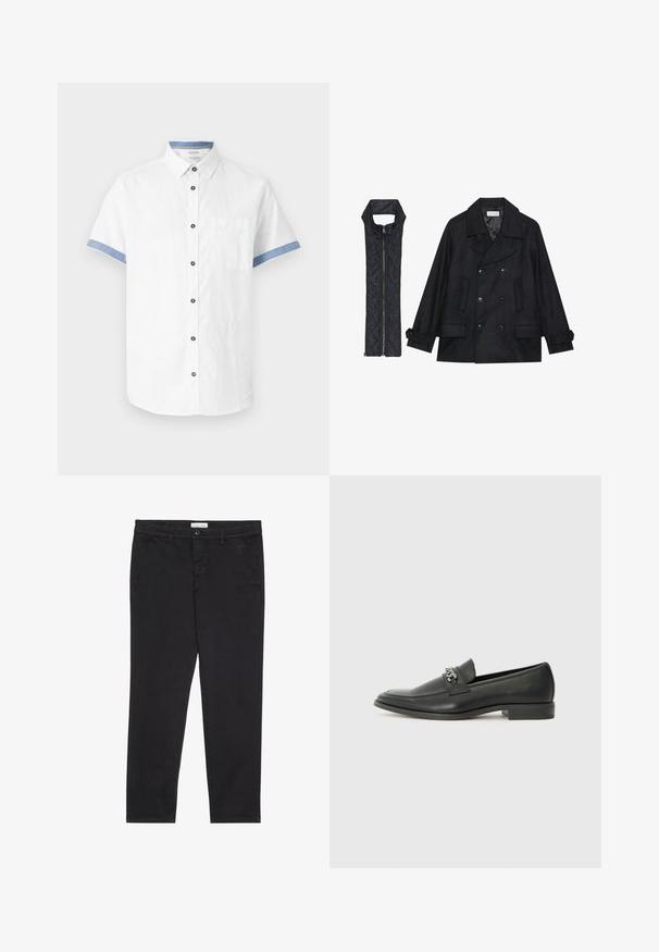 Juodas vilnonis pikoatė su dvigubais mygtukais ir dideliu apykakle, derinamas su juodu be rankovių pūkine liemene su užtrauktuku.; Balta trumpa rankovėmis marškiniai su mygtukų apykakle, pasižymintys mėlynos spalvos akcentais ant rankovių ir apykaklės bei priekinėmis kišenėmis. Pagaminti iš lengvo audinio.; Juodos medvilnės kelnės su siauru pjūviu, turinčios dvi šonines kišenes ir priekinį mygtuko užsegimą. Audinys tekstūruotas su subtiliomis detalėmis.; Juodos odinės loafer tipo bateliai su lygiu paviršiumi, turintys siuvinėtą dizainą ir dekoratyvų metalo grandinėlės akcentą ant batų viršaus. Plokščias kulnas.