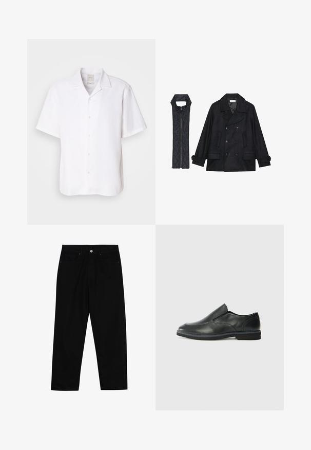 Mustast villast peacoat, millel on topelt nööbid ja suur krae, koos musta ilma varrukateta tikkimisega vestiga, millel on lukuga sulgemine.; Lühikeste varrukatega valge linane nööbiga särk, millel on klassikaline krae, sile tekstuur ja lõdva istuvus.; Mustadest denimist püksid, millel on sirge jalg, viie tasku disain ja eesnupuga sulgur. Sile tekstuur koos minimaalsete õmblustega.; Must musta laia suuga king, millel on sile ülemine osa, õmmeldud detailid, ümmargune nina ja madal kummist konts. Tallal on minimaalne mustr.