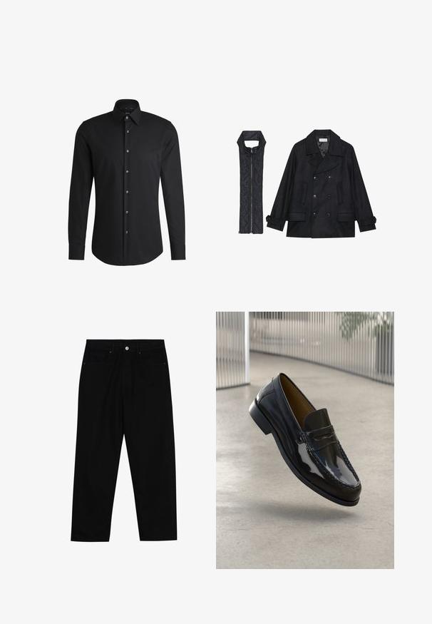 Fekete gyapjú peacoat dupla gombolással és nagy gallérral, melyet egy ujjatlan fekete steppelt mellénnyel párosítanak, amely cipzárral záródik.; Fekete, hosszú ujjú ing sima anyagból, klasszikus gallérral, elöl gombos záródással és lekerekített alsó résszel, ezüstszínű gombokkal.; Fekete farmernadrág, egyenes szabással, öt zsebből álló dizájnnal és elülső gombos záródással. Simább felület minimális varrási részletekkel.; Fekete patent bőr loaferek, díszített varrással, kerek orral, alacsony sarokkal és sima felülettel, semleges háttér előtt kiemelve.
