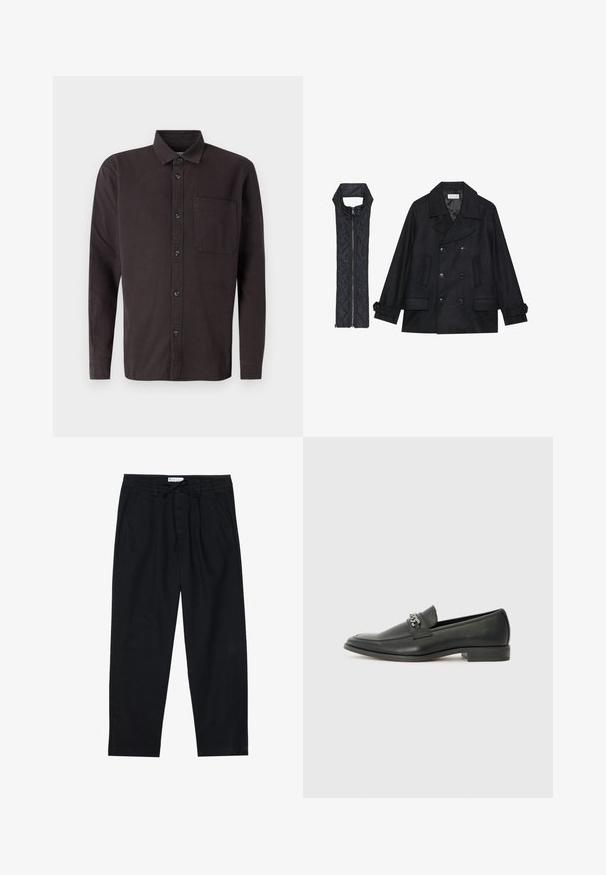 Schwarzer wollener Peacoat mit doppelt geknöpften Knöpfen und großem Kragen, kombiniert mit einer ärmellosen schwarzen gesteppte Weste mit Reißverschluss.; Dunkelbraunes Langarmhemd aus Baumwolle, mit einem abknöpfbaren Kragen, einer Brusttasche und schwarzen Knöpfen zum Schließen.; Pier One Chino - black; Schwarzer Lederloafer mit glatter Oberfläche, ausgestattet mit einer gesteppten Gestaltung und einem dekorativen Metallkettendetail über dem Vorderblatt. Flacher Absatz.