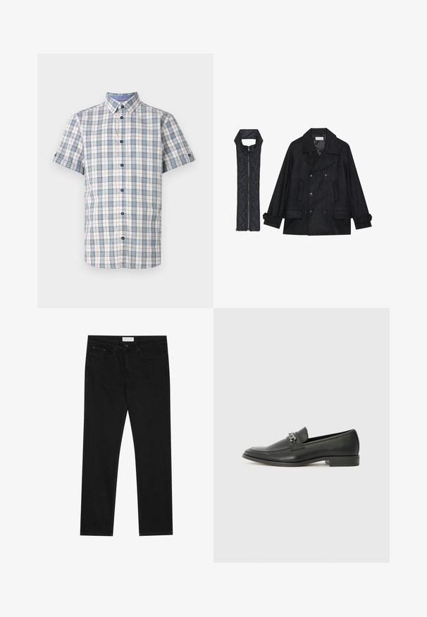 Abrigo de lana negra con botones de doble fila y gran cuello, combinado con un chaleco negro acolchado sin mangas con cierre de cremallera.; Camisa de botones de manga corta a cuadros en blanco, azul y rojo. Cuenta con un cuello con solapa, botones oscuros y un diseño de patrón de cuadrícula.; Jeans negros de pierna recta con diseño de cinco bolsillos, cierre de botón y cremallera, y etiqueta de la marca Pier One en la cinturilla.; Mocasín de cuero negro con un acabado suave, que cuenta con un diseño de costura y un acento decorativo de cadena de metal en el empeine. Tacón plano.