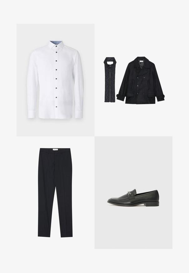 Čierny vlnený peacoat s dvojradovým zapínaním a veľkým golierom, skombinovaný s čiernou prešívanou vestou bez rukávov s rázporkom na zips.; Biela košeľa s dlhým rukávom a klasickým golierom, čierne gombíky na prednej strane a kontrastný svetlomodrý detail goliera vo vnútri. Hladká textúra tkaniny.; Čierne vychádzkové nohavice s plochým predným dielom, klasického strihu, vyrobené z hladkej tkaniny, s prešitou záhybmi a bočnými vreckami.; Čierne kožené loafers s hladkým povrchom, s prešitým dizajnom a dekoratívnym kovovým reťazovým akcentom cez priehlavok. Plochý podpätok.