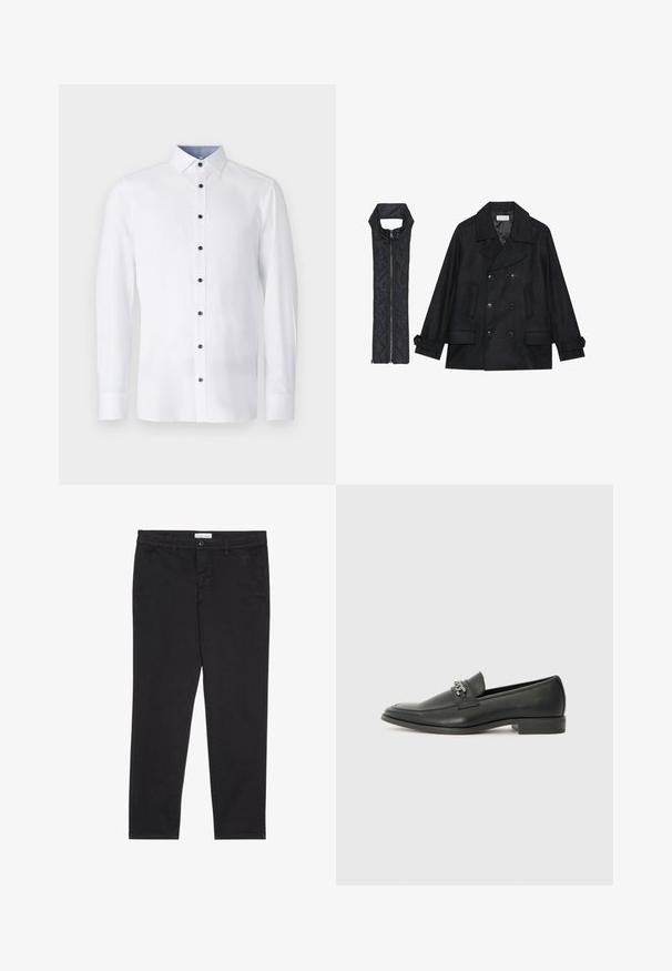 Sort uld peacoat med dobbeltradede knapper og stor krave, parret med en ærmeløs sort quiltet vest med lynlås.; Hvid langærmet skjorte med klassisk krave, sorte knapper ned ad fronten og kontrasterende lyseblå detalje ved indersiden af kraven. Glat stoftekstur.; Sorte bomuldsbukser med slim fit, der har to sidelommer og en knappelukning foran. Tekstureret stof med subtil detaljer.; Sorte læder loafers med en glat finish, der har et syet design og et dekorativt metal kædeaccent hen over vamps. Flad hæl.