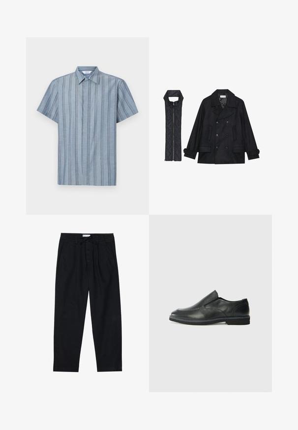 Černý vlněný kabát s dvojitými knoflíky a velkým límcem, doplněný bezrukávovou černou prošívanou vestou se zapínáním na zip.; Košile s krátkým rukávem, límečkem ve světle modré látce s vertikálními pruhy. Vyznačuje se texturovaným vzorem a rovním lemem.; Pier One Chino kalhoty - black; Černá kožená nazouvací bota s hladkým svrškem, prošívanými detaily, zaoblenou špičkou a nízkým gumovým podpatkem. Podešev má minimální vzorek.