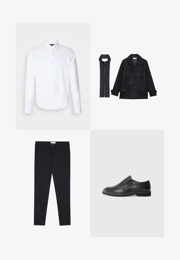Fekete gyapjú peacoat dupla gombolással és nagy gallérral, melyet egy ujjatlan fekete steppelt mellénnyel párosítanak, amely cipzárral záródik.; Hosszú ujjú, fehér pamut keverék ing klasszikus gallérral, elöl gombos záródással, kerek hemel és sima textúrával.; Fekete, egyenes szárú nadrág, pamut anyagból készült. Két elülső zsebbel és gombos rögzítéssel rendelkezik a deréknál.; Fekete bőr, slip-on cipő sima felsőrésszel, varrott díszítéssel, lekerekített orral és alacsony gumitalppal. A talpa minimális bordázattal rendelkezik.