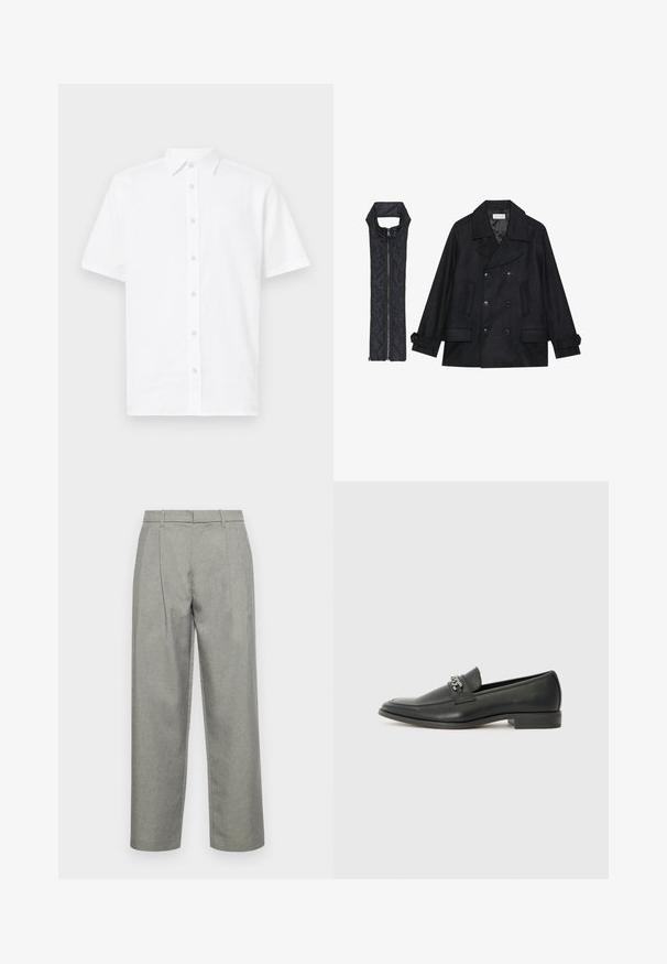 Fekete gyapjú peacoat dupla gombolással és nagy gallérral, melyet egy ujjatlan fekete steppelt mellénnyel párosítanak, amely cipzárral záródik.; Fehér, rövid ujjú, gombos ing, könnyű anyagból készült. Klasszikus gallérral, egyenes szabással és hat gombbal az elülső részen.; Szürke, fazonra készült nadrág texturált anyagból, egyenes szárú kialakítással, elöl redőkkel, és normál derékpánttal, övbujtatókkal.; Fekete bőr loaferek sima felülettel, varrott mintával és díszítő fém lánccal a cipő elején. Lapos sarok.