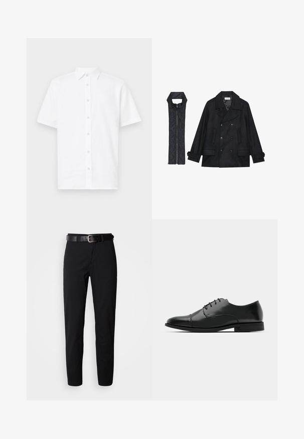 Fekete gyapjú peacoat dupla gombolással és nagy gallérral, melyet egy ujjatlan fekete steppelt mellénnyel párosítanak, amely cipzárral záródik.; Fehér, rövid ujjú, gombos ing, könnyű anyagból készült. Klasszikus gallérral, egyenes szabással és hat gombbal az elülső részen.; Fekete, egyenes szabású nadrág sima textúrával, fekete bőr öv ezüst csattal. Egyszerű dizájn, minta vagy díszítés nélkül.; Fekete bőr férfi dresszcipő, lekerekített orral, fűzős kialakítással, diszkrét varrási részletekkel és alacsony sarokkal. Simább felület, fényes kivitel.
