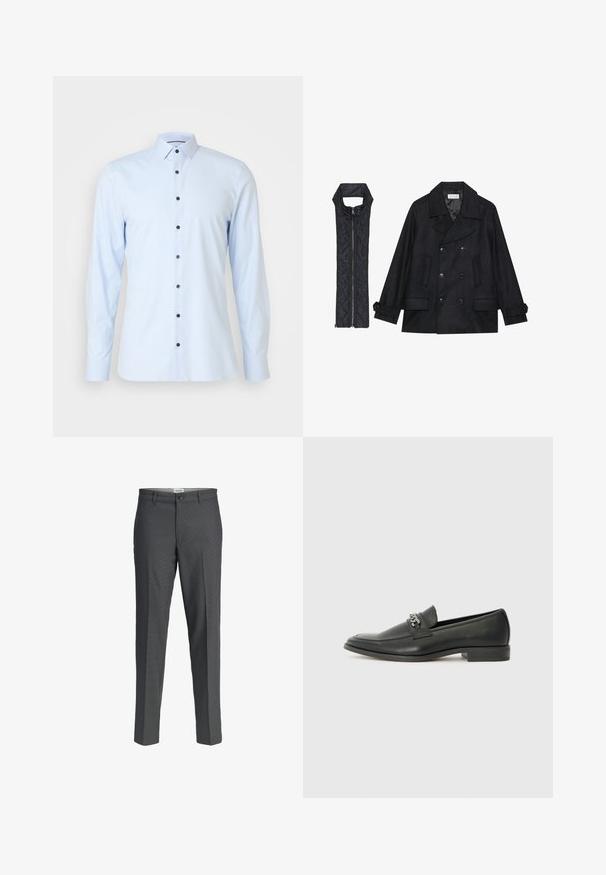 Manteau en laine noir à double boutonnage et grand col, associé à un gilet matelassé sans manches noir avec fermeture éclair.; Chemise à manches longues bleu clair en tissu lisse, avec un col traditionnel et des boutons bleu foncé qui descendent sur le devant.; Pantalon gris avec une coupe droite, fabriqué dans un tissu lisse. Dispose d'une fermeture à bouton et de deux poches avant.; Mocassin en cuir noir avec une finition lisse, présentant un design cousu et une accent décoratif en chaîne métallique sur le rand. Talon plat.