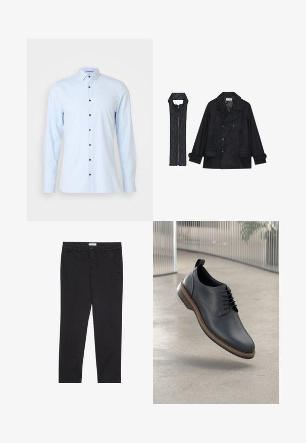 Black woolen peacoat with double-breasted buttons and large collar, paired with a sleeveless black quilted vest featuring a zip closure.; Light blue long-sleeve shirt made of smooth fabric, featuring a traditional collar and dark blue buttons running down the front.; Black cotton trousers with a slim fit, featuring two side pockets and a front button closure. Textured fabric with subtle detailing.; Men's black leather dress shoe with a rounded toe, detailed stitching, prominent laces, and a brown sole accent. Designed with a pull tab.