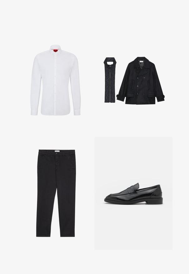Mustast villast peacoat, millel on topelt nööbid ja suur krae, koos musta ilma varrukateta tikkimisega vestiga, millel on lukuga sulgemine.; Valge pika varrukaga puuvillane särk, millel on nööpidega eesmine osa, klassikaline krae ja peen tekstuur, sisaldades punast logo sise krael.; Mustad puuvillased püksid kitsas lõikes, millel on kaks külgtaskut ja ees klõpsuga kinnitamine. Tekstuuriga kangas, millel on peened detailid.; Mustad nahast loafers, millel on sile viimistlus, ümar varvas ja kitsas riba peal. Madal kühveldatud konts.
