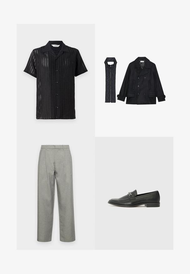 Čierny vlnený peacoat s dvojradovým zapínaním a veľkým golierom, skombinovaný s čiernou prešívanou vestou bez rukávov s rázporkom na zips.; Čierna košeľa s krátkym rukávom a sieťovaným dizajnom, s predným zapínaním na gombíky a klasickým golierom. Ľahký materiál s vertikálnymi výrezmi.; Sivé upravené nohavice z textúrovanej tkaniny, so strihom s rovnými nohavicami, prednými záhybmi a štandardným pásom s pútkami na opasok.; Čierne kožené loafers s hladkým povrchom, s prešitým dizajnom a dekoratívnym kovovým reťazovým akcentom cez priehlavok. Plochý podpätok.