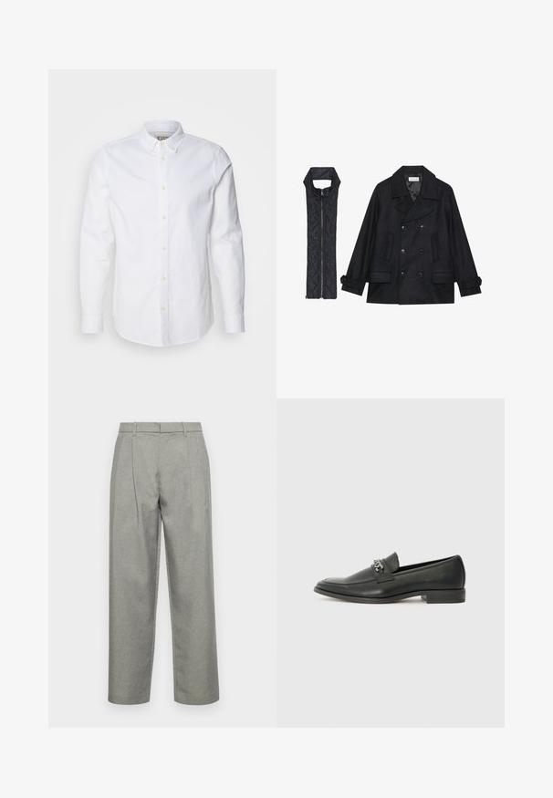 Manteau en laine noir à double boutonnage et grand col, associé à un gilet matelassé sans manches noir avec fermeture éclair.; Chemise blanche à manches longues en coton, dotée d'un col structuré, d'une broderie de logo discrète et de boutons beige clair.; Pantalons gris sur mesure en tissu texturé, avec une coupe droite, des plis avant et une taille standard avec passants de ceinture.; Mocassin en cuir noir avec une finition lisse, présentant un design cousu et une accent décoratif en chaîne métallique sur le rand. Talon plat.