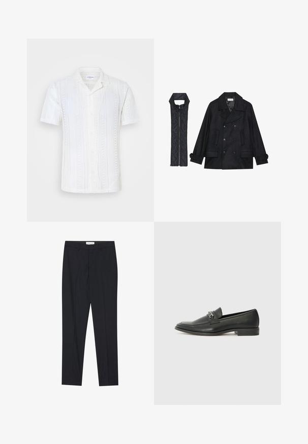 Zwarte wollen peacoat met dubbele knopen en grote kraag, gecombineerd met een mouwloze zwarte gewatteerde vest met ritssluiting.; Witte korte mouwen blouse gemaakt van gestructureerde brei-stof. Beschikt over een camp collar, knoopsluiting en een verticale streep patroon.; Zwarte op maat gemaakte broeken met een vlakke voorkant, reguliere pasvorm, gemaakt van een gladde stof, met persplooien en zijzakken.; Zwarte leren instapper met een gladde afwerking, voorzien van een gestikt ontwerp en een decoratieve metalen kettingaccent over de wreef. Platte hak.