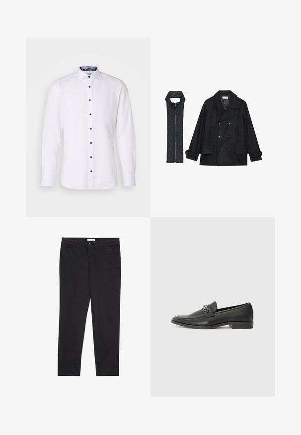 Palton de lână negru, cu închidere dublă și guler mare, asortat cu o vestă neagră, căptușită, fără mâneci, cu închidere cu fermoar.; OLYMP Level Five Cămașă elegantă - weiss; Pantaloni din bumbac negri cu o croială slim, având două buzunare laterale și închidere frontală cu buton. Material texturat cu detalii subtile.; Pantofii negri din piele cu un finisaj neted, având un design cusut și un accent decorativ de lanț metalic peste partea de sus. Toc plat.