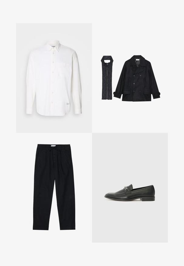 Manteau en laine noir à double boutonnage et grand col, associé à un gilet matelassé sans manches noir avec fermeture éclair.; Chemise blanche à manches longues en coton avec un col boutonné, une poche poitrine unique et un tissu légèrement texturé.; Pier One Chino - black; Mocassin en cuir noir avec une finition lisse, présentant un design cousu et une accent décoratif en chaîne métallique sur le rand. Talon plat.