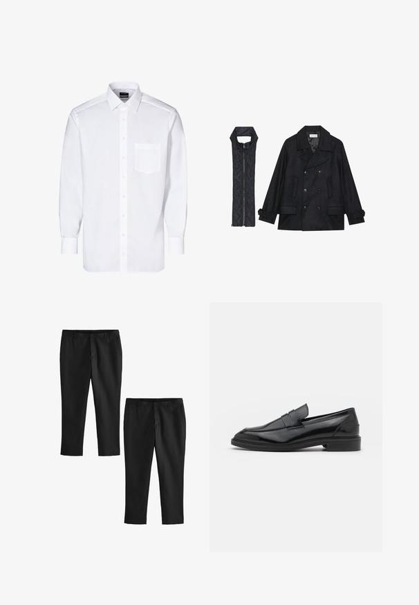 Zwarte wollen peacoat met dubbele knopen en grote kraag, gecombineerd met een mouwloze zwarte gewatteerde vest met ritssluiting.; Witte overhemdd met lange mouwen, knoopsluiting aan de voorkant, één borstzak, klassieke kraag en een gladde textuur.; Zwarte, op maat gemaakte broeken met een soepele textuur, voorzien van een recht gesneden pijp en een middelhoog taille. Twee paar getoond, waarvan één cropped.; Zwarte leren instappers met een gladde afwerking, voorzien van een ronde neus en een smalle band over de bovenkant. Lage gestapelde hak.