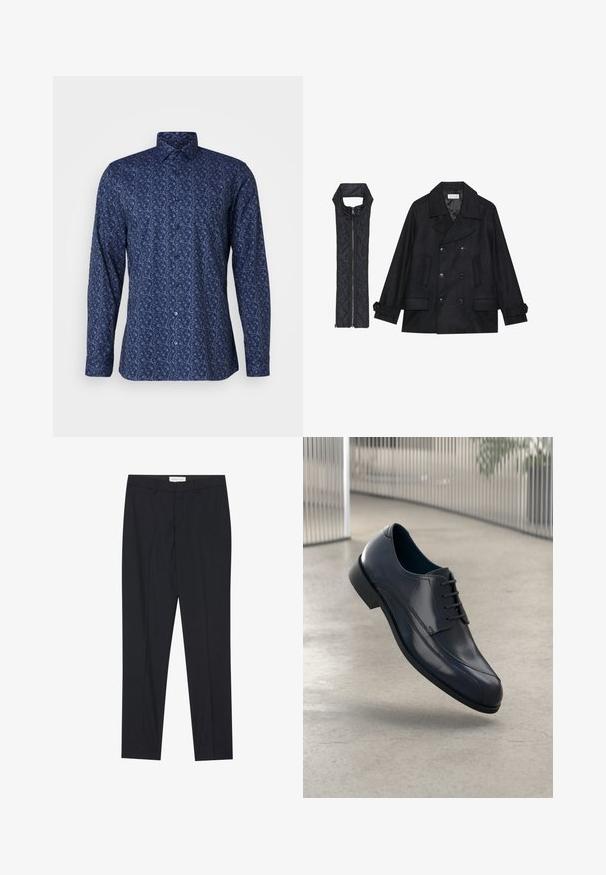 Czarna wełniana peacoat z podwójnymi guzikami i dużym kołnierzem, zestawiona z bezrękawnym czarnym pikowanym kamizelką z zamkiem błyskawicznym.; OLYMP No. Six - Koszula; Czarne taliowane spodnie o gładkim przodzie, w standardowym fasonie, wykonane z gładkiej tkaniny, z prasowanymi zakładkami i bocznymi kieszeniami.; Lśniący czarny skórzany but na obcasie z sznurówkami, unoszący się nad gładką, jasnoszarym podłogą oraz pionowymi metalowymi prętami w tle.