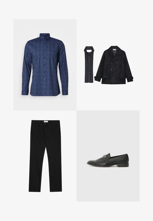 Fekete gyapjú peacoat dupla gombolással és nagy gallérral, melyet egy ujjatlan fekete steppelt mellénnyel párosítanak, amely cipzárral záródik.; OLYMP No. Six Ing - marine; Fekete egyenes szárú farmernadrág, öt zsebes dizájnnal, gombos és cipzáras záródással, valamint Pier One márka címkével a derékrészen.; Fekete bőr loaferek sima felülettel, varrott mintával és díszítő fém lánccal a cipő elején. Lapos sarok.