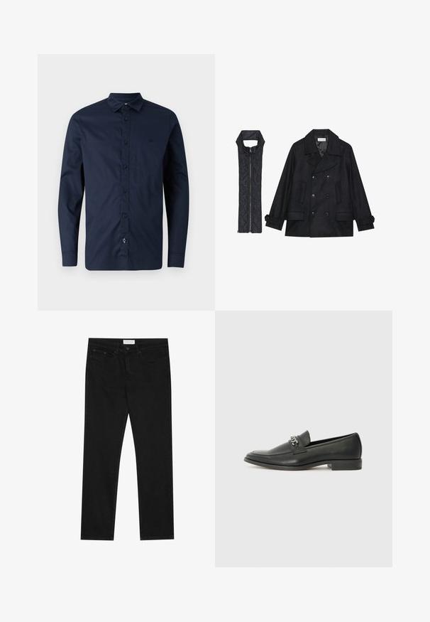 Musta villapaltto, jossa on kaksiriviset napit ja suuri kaulus, yhdistettynä olkaimettomaan mustaan toppaliiviin, joka avautuu vetoketjulla.; Tummansininen pitkähihainen puuvillapaita, jossa on napilla suljettava kaulus, nappilista edessä ja hillitty logo rinnassa.; Mustat suorat farkut, joissa on viisi taskua, napilla ja vetoketjulla varustettu sulkeminen, sekä Pier One -brändilogo vyötärölle.; Musta nahkakengät, joissa on sileä pinta, koristeelliset ompeleet ja metalliketjun yksityiskohta kengän päällä. Littee korko.