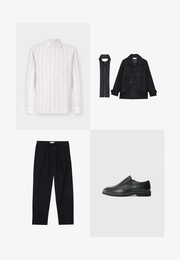 Casaco de lã preto com botões duplos e gola grande, combinado com um colete acolchoado preto sem mangas com fecho de correr.; Camisa branca de botões feita de um tecido texturizado, com finas riscas verticais pretas, colarinho clássico e mangas longas com punhos abotoados.; Pier One Chinos - black; Sapato slip-on preto em pele com um upper liso, acabamentos cosidos, bico arredondado e um salto de borracha baixo. A sola apresenta um padrão de aderência mínimo.