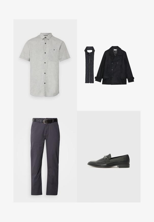 Zwarte wollen peacoat met dubbele knopen en grote kraag, gecombineerd met een mouwloze zwarte gewatteerde vest met ritssluiting.; Korte mouwen overhemd met knopen in lichtgrijze stof, met een borstzak en donkere knopen voor contrast. Glad textuur met een subtiel patroon.; Zwarte katoenen broek met een rechte snit, voorzien van twee voorke pockets en een riem. De stof heeft een gladde textuur en een matte afwerking.; Zwarte leren instapper met een gladde afwerking, voorzien van een gestikt ontwerp en een decoratieve metalen kettingaccent over de wreef. Platte hak.