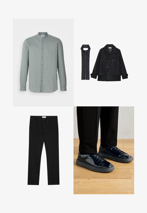 Juodas vilnonis pikoatė su dvigubais mygtukais ir dideliu apykakle, derinamas su juodu be rankovių pūkine liemene su užtrauktuku.; Ilga rankovė, mygtukais užsiseganti šviesiai žalia marškinėlių, pagaminta iš tekstūruotos medžiagos. Turinti apykaklę ir subtilias vertikalias linijas.; Juodos tiesios kojų džinsai su penkių kišenių dizainu, mygtuko ir užtrauktuko uždarymu bei "Pier One" prekės ženklo etikete ant juosmens.; Juodos patentuotos odinės sportbačiai su tekstūruota guma, apvaliu nosiu ir atitinkamomis juodomis raištelėmis, derinami su juodomis kelnėmis ant medinio grindų.