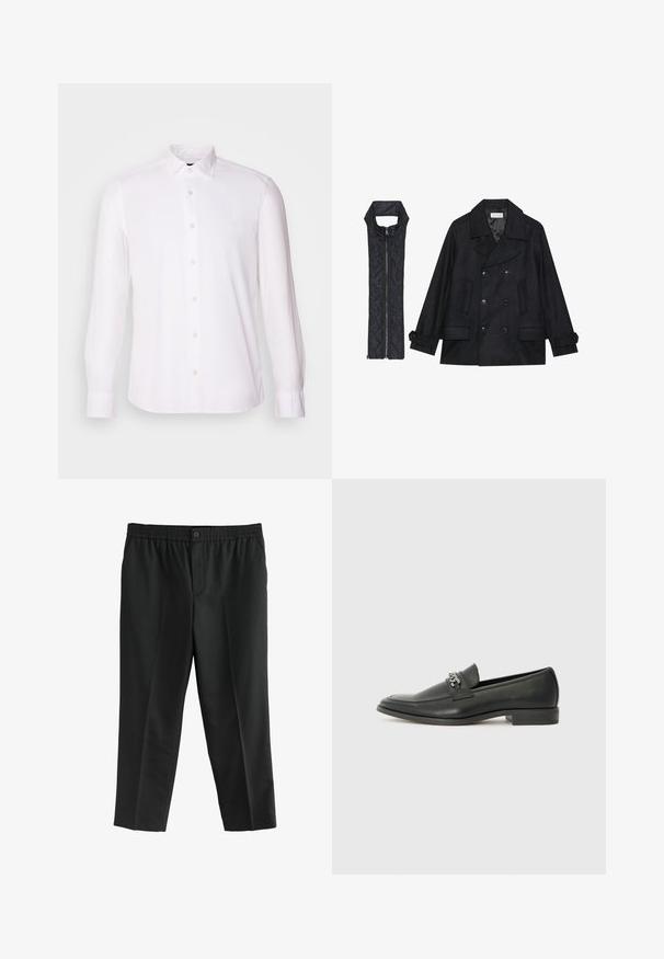 Mustast villast peacoat, millel on topelt nööbid ja suur krae, koos musta ilma varrukateta tikkimisega vestiga, millel on lukuga sulgemine.; Valge pikakäiseid särk, mis on valmistatud siledast kangast, nööpidega krae, diskreetne logo ja ühe nööbiga mansetid.; Mustadest kangast püksid, millel on elastne vöökoht ja üks nupp. Sirge jalgade disain ilma nähtavate taskuteta.; Must haveate nahkking punased, millel on sile viimistlus, tikitud muster ja dekoratiivne metallkett vampi üle. Tasane konts.